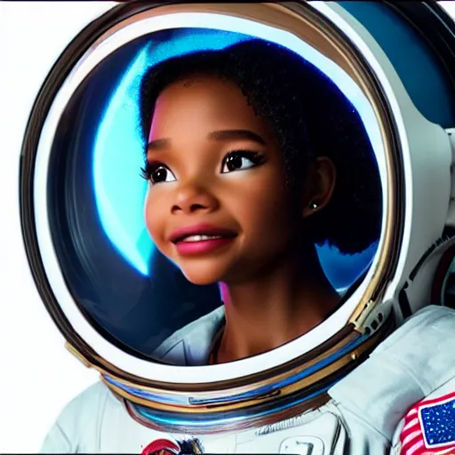 Prompt: halle bailey as an astronaut, high res imax 7 0 mm film grainy photo uhd