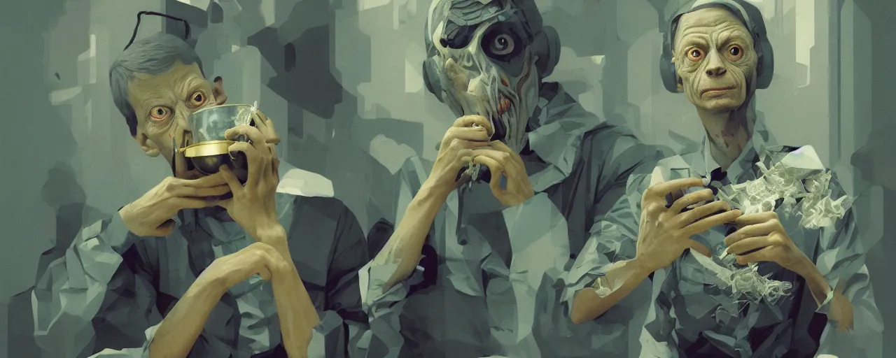 Image similar to duotone olive illustration 3 / 4 portrait of gollum drinking yerba mate from silver metal cup symmetrical composition accidental renaissance golden ratio. by sachin teng and sergey kolesov and ruan jia and heng z. graffiti art, scifi, fantasy, hyper detailed. octane render. concept art. trending on artstation