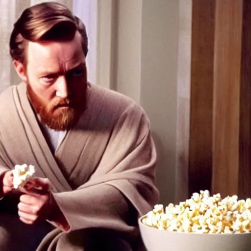 Prompt: obi wan kenobi watching TV with popcorn