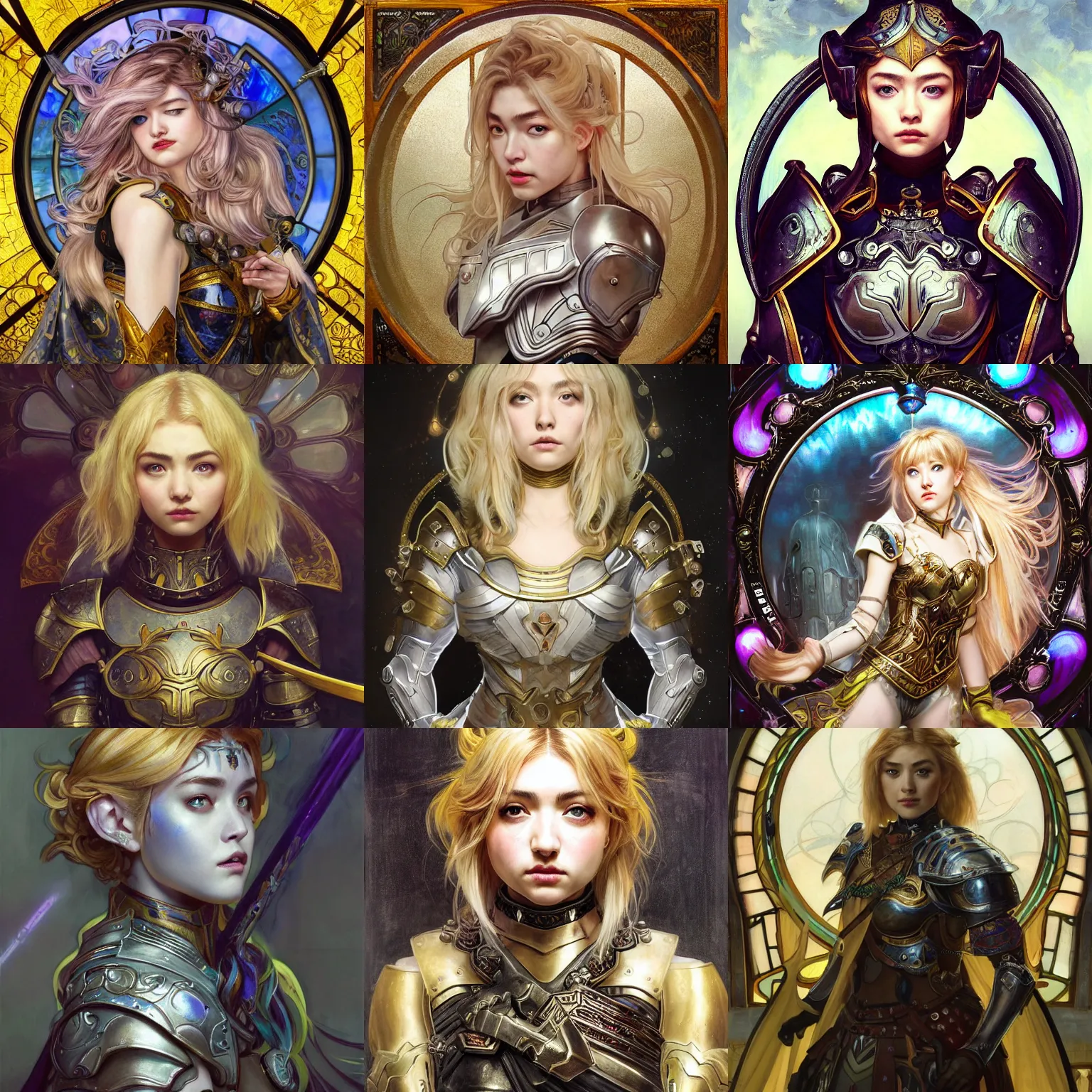 Prompt: masterpiece head-on symmetrical centered painted portrait, Imogen Poots as a paladin, Warcraft theme, blonde hair, glorious, wearing full metal armour, glowing stained glass backdrop, elegant, in the style of Ruan Jia and Artgerm and Edgar Maxence and Ross Tran and Alphonse Mucha and Ayami Kojima and Charlie Bowater and Greg Rutkowski and Karol Bak and Jean Delville, Art Nouveau, Pre-Raphaelite, Neo-Gothic, gothic, Art Nouveau, rich deep moody colors