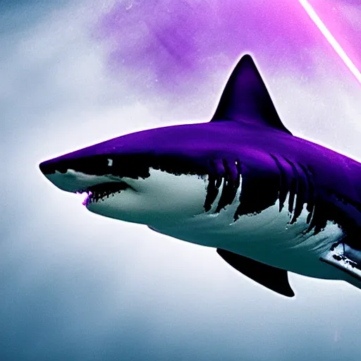 Prompt: a great white shark shooting purple lasers out of its eyes, realistic. 4 k. highly detailed