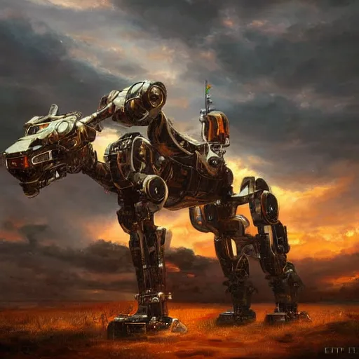 Prompt: epic painting of a realistic four - legged battle robot, sunset, detailed science fiction artwork, trending on artstation