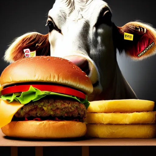 Image similar to a cow very happy about eating a cheese burger, highly detailed, photorealistic portrait, bright studio setting, studio lighting, crisp quality and light reflections