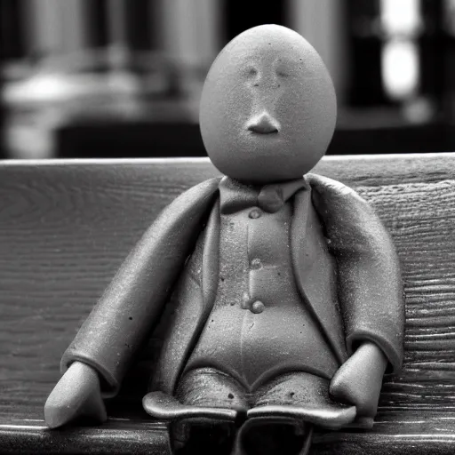 Image similar to macro photography of a tiny plastic depressed man in a suit, sitting on a bench with his cat, 3 5 mm macro shot,