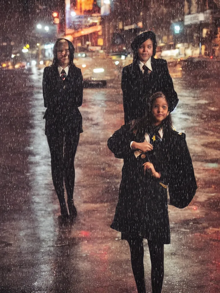 Image similar to night flash portrait photography of a high school girl in uniform on the lower east side by annie leibovitz, colorful, nighttime!, raining!