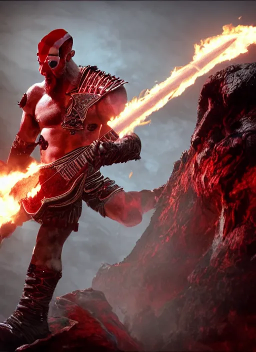 Image similar to red facial stripe armored screaming kratos rocking hard on a flaming stratocaster guitar, cinematic render, god of war 2 0 1 8, playstation studios official media, lightning, flames, clear, coherent, guitar