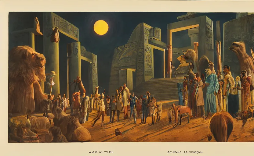 Image similar to a 1 9 5 0's technicolor cinematic scene of actors playing egyptian gods with animal heads, having a ceremony in a moonlit temple in karnak, realism, superior lighting, atmospheric