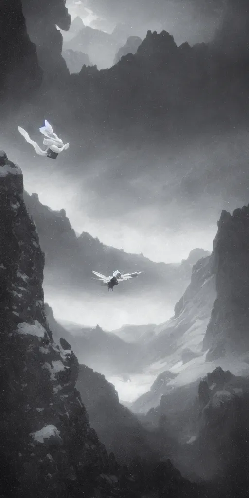 Image similar to A beautiful female alien flying over a foggy snowy mountain, Realistic, Refined, Detailed Digital Art, Oil Painting, William-Adolphe Bouguereau, Renaissance, Highly Detailed, Cinematic Lighting, black and white, tintype, Unreal Engine, 8K