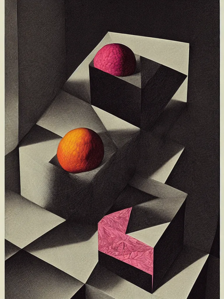 Prompt: hyperrealistic still life portrait of a tesseract, impossible shape, by caravaggio, mc escher, and yosumo okuta, botanical print, surrealism, vivid colors