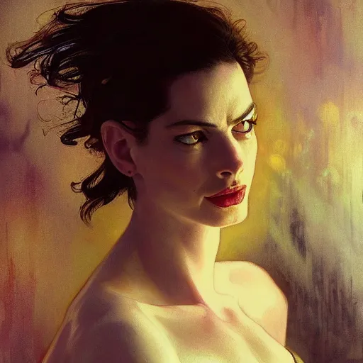 Image similar to ann hathaway, hyperrealistic full figure, bladerunner street alley, art of elysium by frank frazetta and by jeremy mann and by alphonse mucha, fantasy art, photo realistic, dynamic lighting, artstation, full figure poster, volumetric lighting, very detailed face, 4 k, award winning