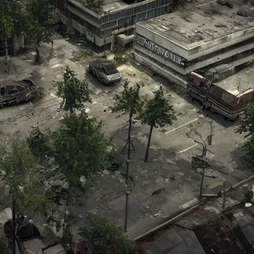 Image similar to a deserted zombie outbreak city, vegetation, post modern, post apocalyptic, the last of us, the walking dead, high definiton, high detail, ultra realistic, high quality, hyper realistic, 4 k uhd,