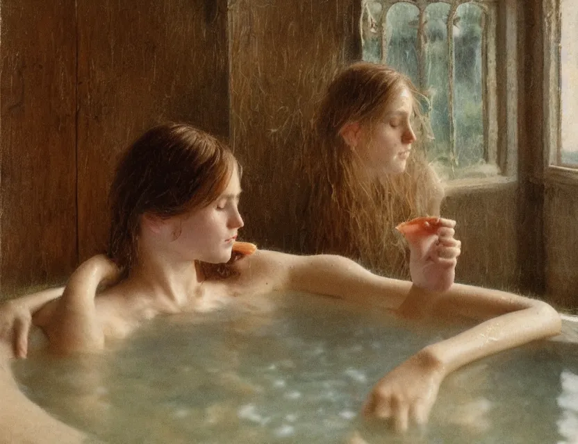 Image similar to peasant with wet hair taking a bath, cottage core, cinematic focus, polaroid photo bleached vintage pastel colors high - key lighting, soft lights, foggy, by steve hanks, by lisa yuskavage, by serov valentin, by tarkovsky, 8 k render, detailed, oil on canvas