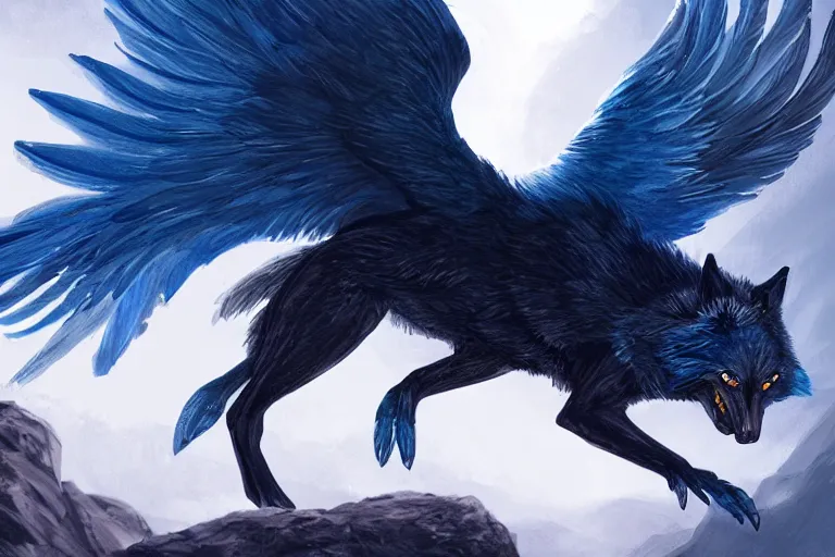 Prompt: Blue feathered wolf with wings on a beautiful fantasy landscape, hills, mountains, moonlit, HD, illustration, epic, D&D, fantasy, intricate, elegant, highly detailed, digital painting, artstation, concept art, smooth, sharp focus, illustration, art by XIAODI JIN, Anthony Devine and Yigit Koroglu