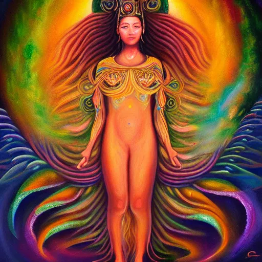 Image similar to goddess of earth, astral spirit space journey in oil painting, ayahuasca, trending on artstation, award winning, emotional, highly detailed ethereal surrealist art