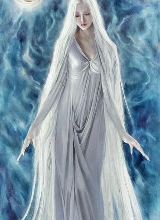 Image similar to tall thin beautiful goddess, pale wan feminine angel, long flowing silver hair covering her whole body, beautiful painting, young wan angel, flowing silver hair, flowing white robes