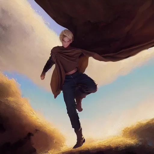 Image similar to blonde boy wearing a brown cape and flying in t pose, powerful, space background, oil painting, brush strokes, greg rutkowski