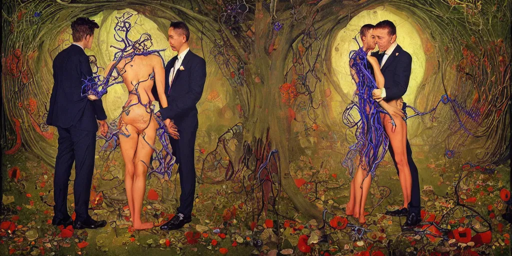 Image similar to two lovers wearing a suit made of nervous system, channeling third eye energy, surrounded by a background of cyber mystic garden of earthly delights, painted part by wojciech siudmak, part by ilya repin, part by norman rockwell, part by zhang jingna, artstation