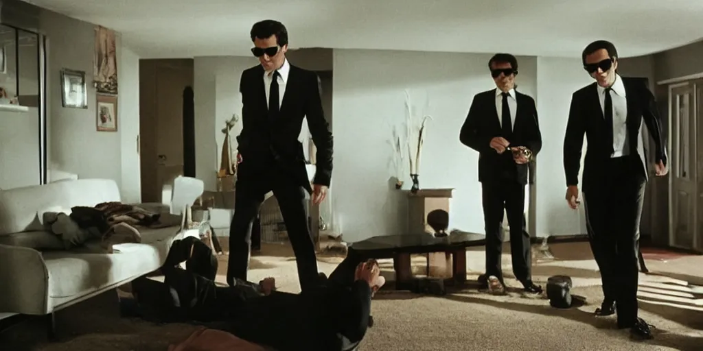 Prompt: Men in black suits with no facial detail, sun glasses, raiding a 1970's home at night, horror movie