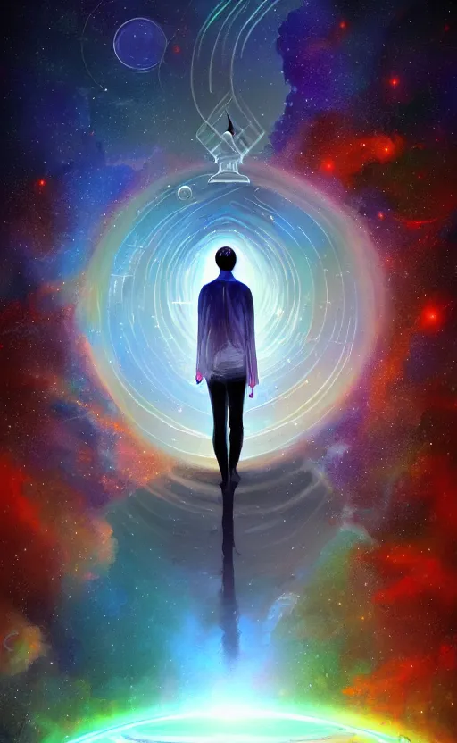 Image similar to Meeting God in the universe, digital art, trending on art station