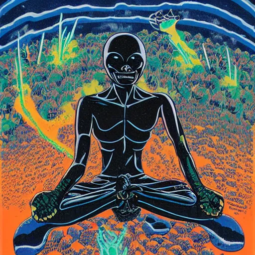 Image similar to an alien meditating in front of a giant black power fist in the center, worshipped by aliens dancing in lava fields by victor moscoso and john berkey