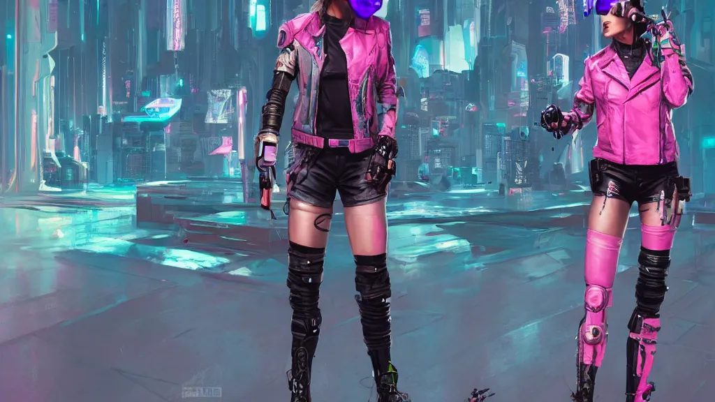 Prompt: A female cyberpunk character concept art from Cyberpunk 2077, pink Mohawk, futuristic virtual reality goggles, 1980s high collar leather jacket, torn shorts, by Stanley Artgerm Lau, WLOP, Rossdraws, James Jean, Andrei Riabovitchev, Marc Simonetti, trending on artstation