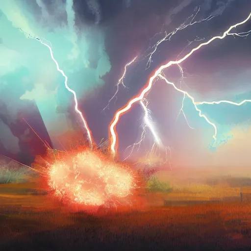 Image similar to power transformer exploding from lightning strike, digital painting, 8 k, dynamic lighting