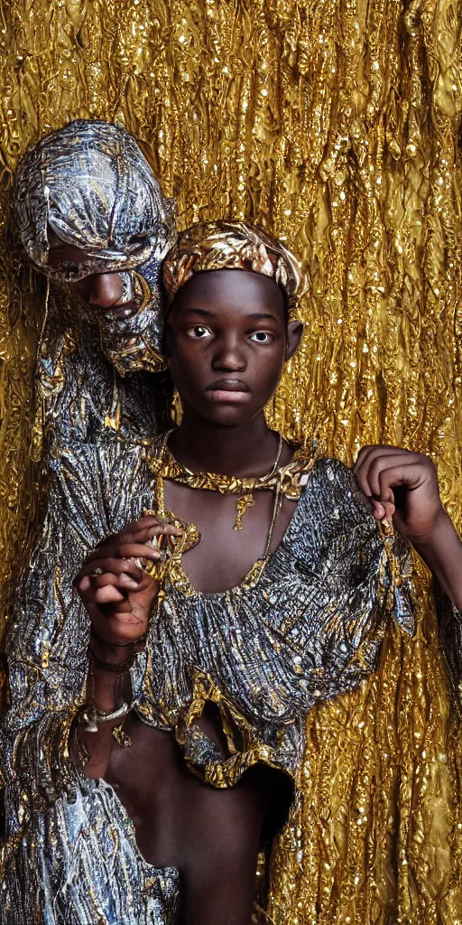 Prompt: extreme detail, african teenager playing with silver yo yo female, charles vess, gold silk intricate stitched patterned clothes, klimt, hyperealistic, hdri lighting, octane