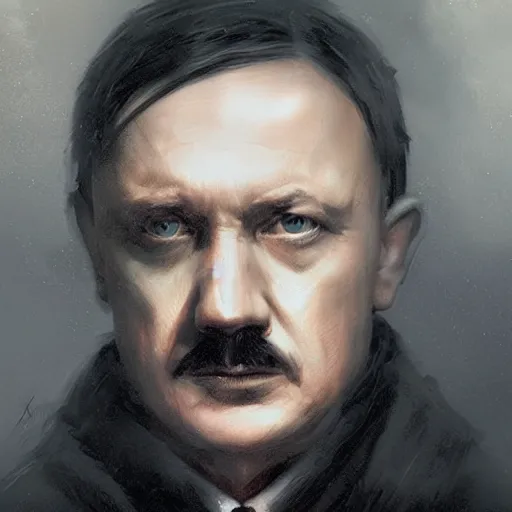 Image similar to portrait of Hitler in a black cloak, glowing eyes, detailed face, highly detailed, cinematic lighting, digital art painting by greg rutkowski.