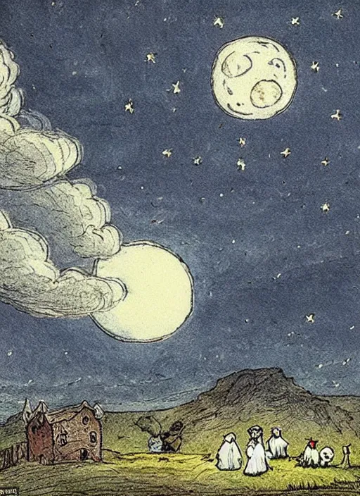 Image similar to night sky, stars, moon prominently in the center, surrounded by clouds, landscape, illustrated by peggy fortnum and beatrix potter and sir john tenniel