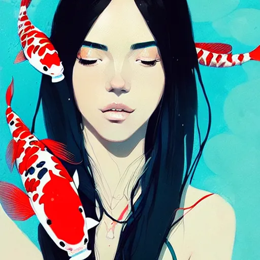 Prompt: a ultradetailed beautiful portrait panting of a stylish woman surrounded by floating koi fish, by conrad roset, greg rutkowski and makoto shinkai, trending on artstation