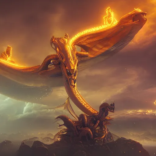 Image similar to golden eastern sky dragon, alien flowers, landscape wide shot, thunderstorm, unreal 5 render, digital art, octane render, beautiful composition, trending on artstation, award - winning photograph, masterpiece