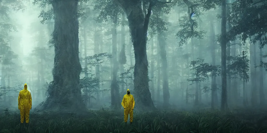 Image similar to a mysterious man in a yellow hazmat suit stands in a detailed fantastic forest, painting, concept - art, rendering, octane, redshift, cinematic composition, volumetric lighting