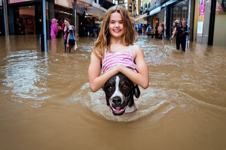 Prompt: closeup portrait of a girl carrying a dog over her head in a flood in Rundle Mall in Adelaide in South Australia, photograph, natural light, sharp, detailed face, magazine, press, photo, Steve McCurry, David Lazar, Canon, Nikon, focus