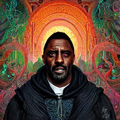 Image similar to portrait of idris elba, hyper detailed masterpiece, neon floral pattern, jean giraud, digital art painting, darkwave goth aesthetic, psychedelic, artgerm, donato giancola and tom bagshaw