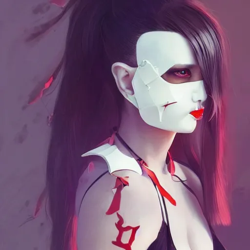 Image similar to a beautiful young japanese natalie portman alluring model in crop top, wearing a demonic latex mask that looks like an attractive succubus by guweiz and wlop and ilya kuvshinov and artgerm symmetrical eyes, aesthetic, gorgeous, stunning, attractive, artstation, deviantart, pinterest, digital art