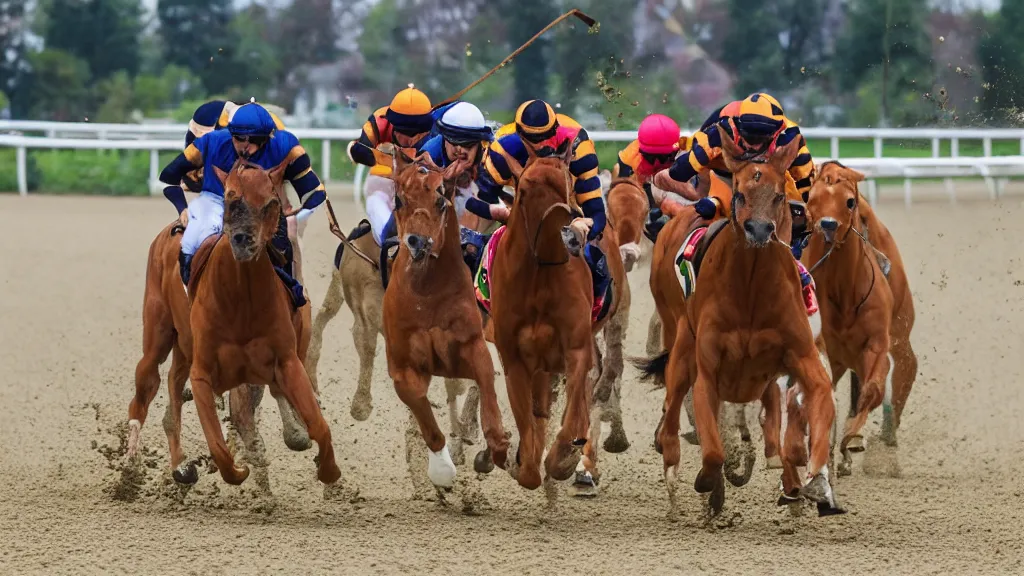 Prompt: a horse race with bengal cats as jockeys, colorful