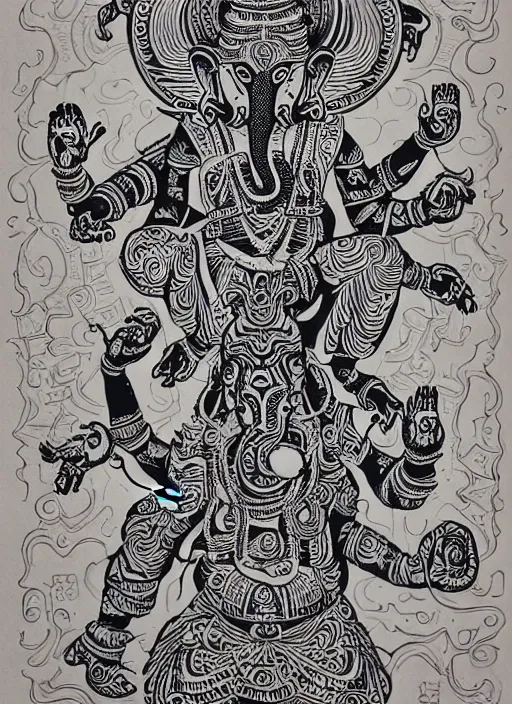 Image similar to black ink line art drawing, 6 armed ganesh dancing holding an old school boombox, high details, intricately detailed, by vincent di fate, artgerm julie bell beeple, inking, 1 9 9 0 s, vintage 9 0 s print, screen print