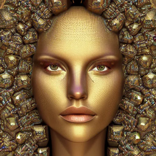 Prompt: a beautiful symmetrical face made of crystals,golden ornaments by alex gray and android jones, 3D, 8k resolution