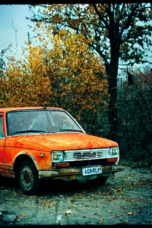 Image similar to a lomographic photo of old lada 2 1 0 7 standing in typical soviet yard in small town, autumn, cinestill, bokeh