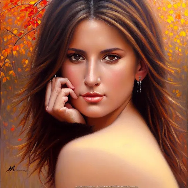 Prompt: stunning serene portrait of Ashley Adams by Mark Arian, oil on canvas, masterpiece, realism, piercing gaze, autumn bokeh