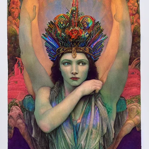 Prompt: goddess of the lost city, by Annie Swynnerton and Diego Rivera and Tino Rodriguez and Maxfield Parrish, elaborate headdress and embroidered velvet, iridescent beetles, rich color, dramatic cinematic lighting, extremely detailed