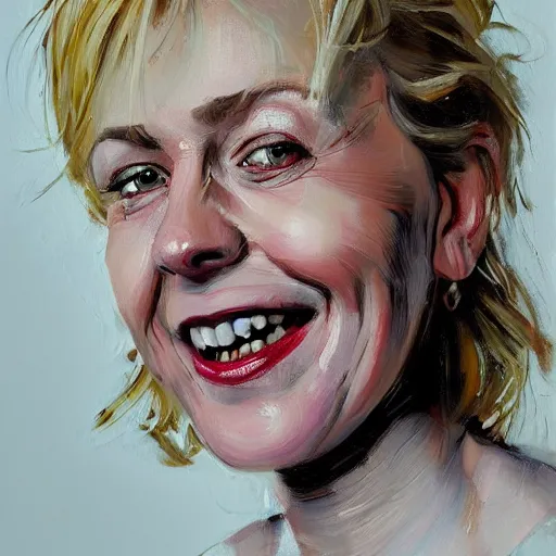 Prompt: portrait painting of woman from scandinavia, middle - aged, blonde hair, daz, occlusion, smiling and looking directly, brushstrokes, white background, art by enki bilal