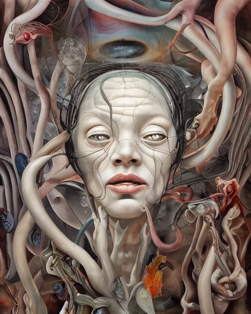 Image similar to strange surrealist, looming, biomorphic painting of a woman with large eyes by dali, marco mazzoni, james jean, charlie immer and jenny saville, fluid acrylic, airbrush art, timeless disturbing masterpiece