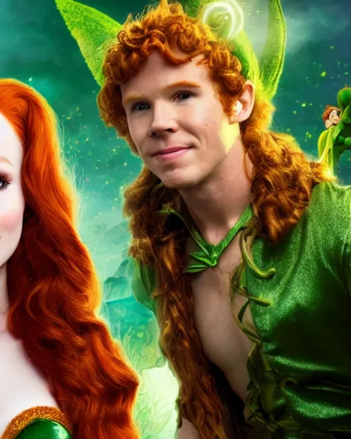 Image similar to Madelaine Petsch as Peter Pan and Will Ferrel dressed as Tinkerbell, cinematic, Trending on Artstation, in the style of Ridley Scott, Neverland, Magical, Ethereal