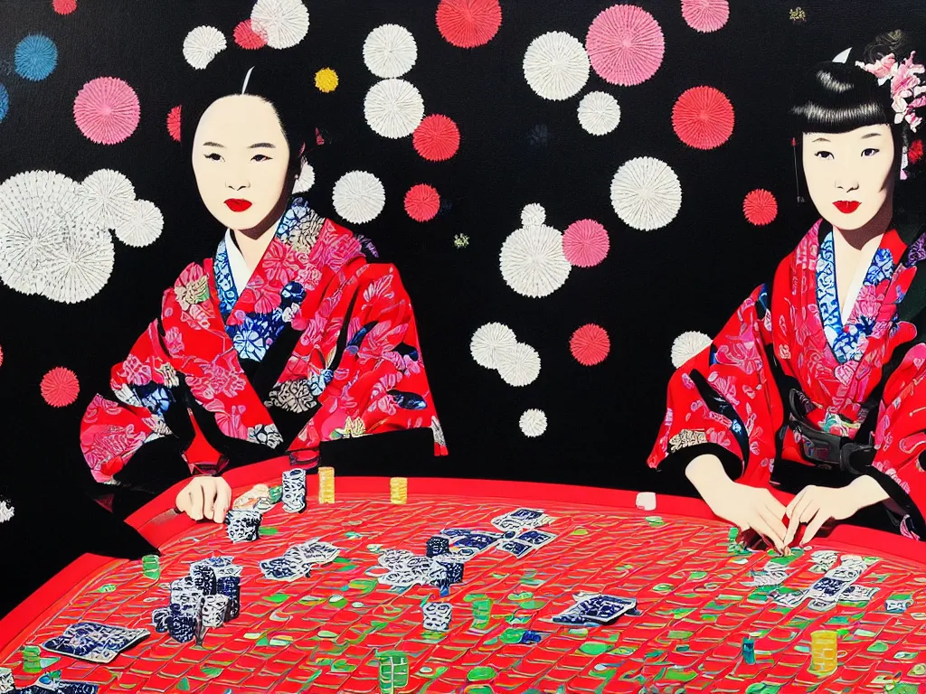 Image similar to hyperrealism composition of the detailed woman in a japanese kimono sitting at an extremely detailed poker table with darth vader, fireworks on the background, pop - art style, jacky tsai style, andy warhol style, acrylic on canvas