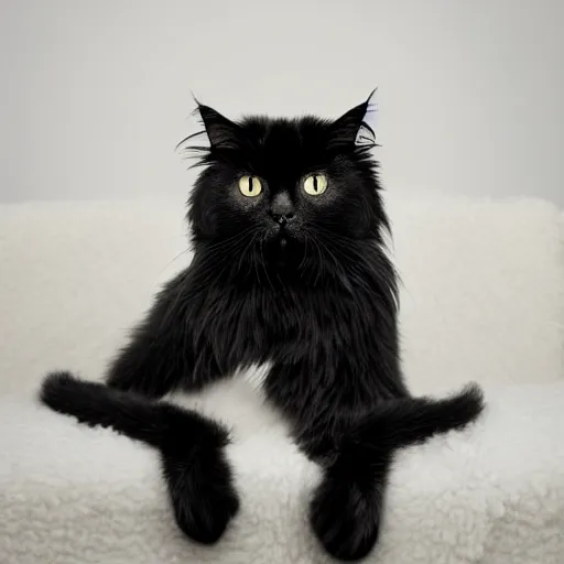 Prompt: national geographic photograph of a black american longhair cat sitting in a white room