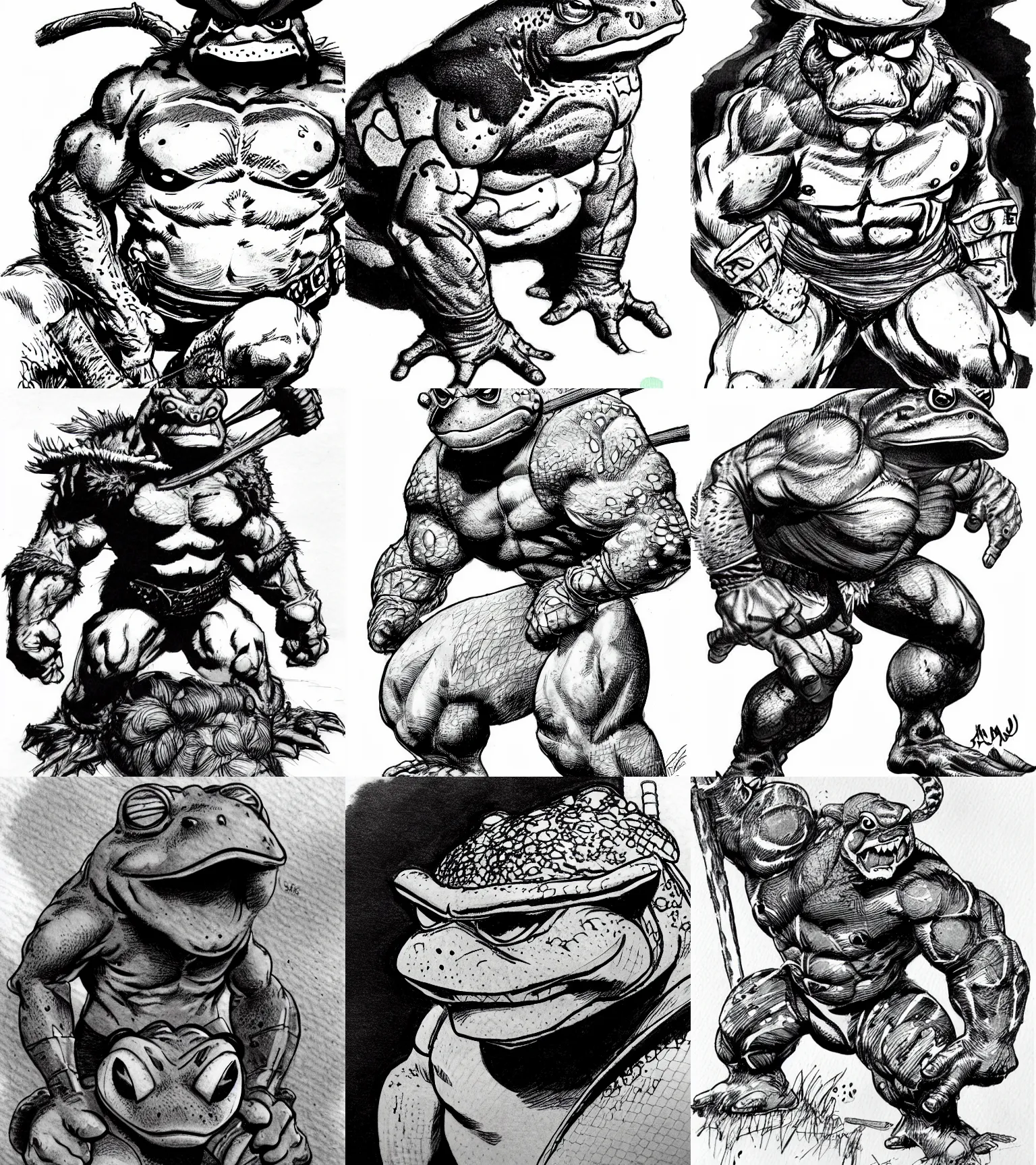 Prompt: toad animal!!! jim lee!!! medium shot!! flat grayscale ink sketch by jim lee close up in the style of jim lee, barbarian hunter hulk toad animal looks at the camera by jim lee