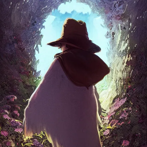 Image similar to snufkin with white angel wings in front of heaven doors, digital illustration portrait design, by android jones and greg rutkowski, retrowave color scheme, detailed, cinematic lighting, wide angle action dynamic portrait