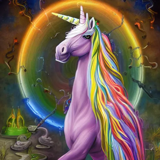 Image similar to a beautiful detailed mate painting of a rainbow unicorn dancing on a graveyard'by stephanie law, existential horror, trending on cgsociety artstation, highly detailed, 8 k, masterpiece, super resolution.