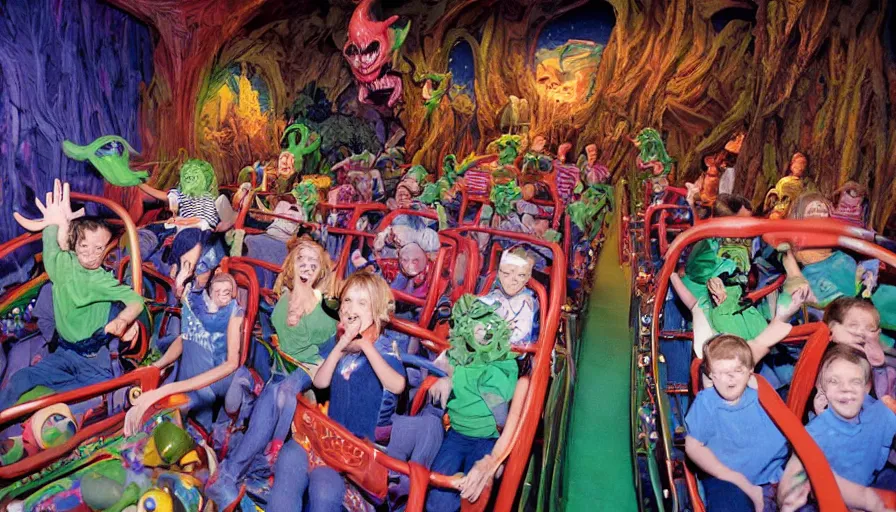 Image similar to 1990s photo of inside the Goosebumps Ride at Universal Studios in Orlando, Florida, children riding through a world made of many Goosebump book characters,, slime, cinematic, UHD